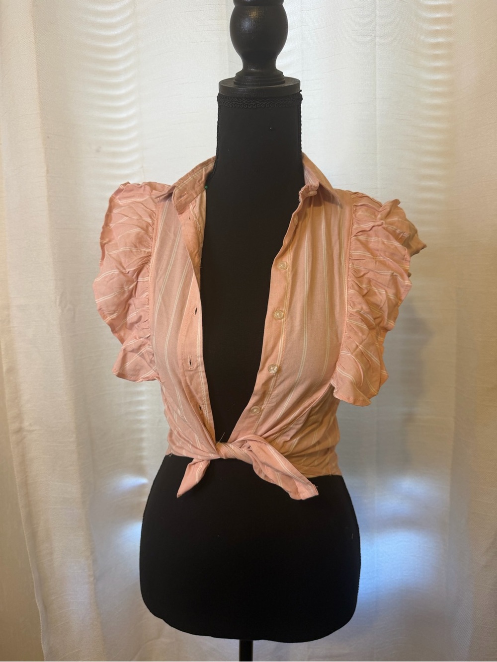 Striped Pink Ruffle Sleeve Tie-Front Button Down Top